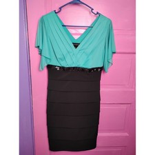 Y2K Homecoming Colorblock Bodycon Dress Teal Black Fairy Flutter Sleeves Size 6