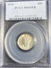 1935 MERCURY DIME PCGS MS65FB UNCIRCULATED GEM LIGHT OBVERSE/REVERSE TONING!