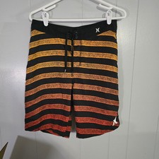 Hurley Board Shorts Mens 32 Black Orange Striped Phantom Swim Trunks 4389