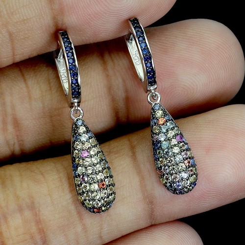 925 Sterling Silver Earrings Sapphire Round Diamond Cut Natural Gemstone Jewelry - Picture 2 of 13