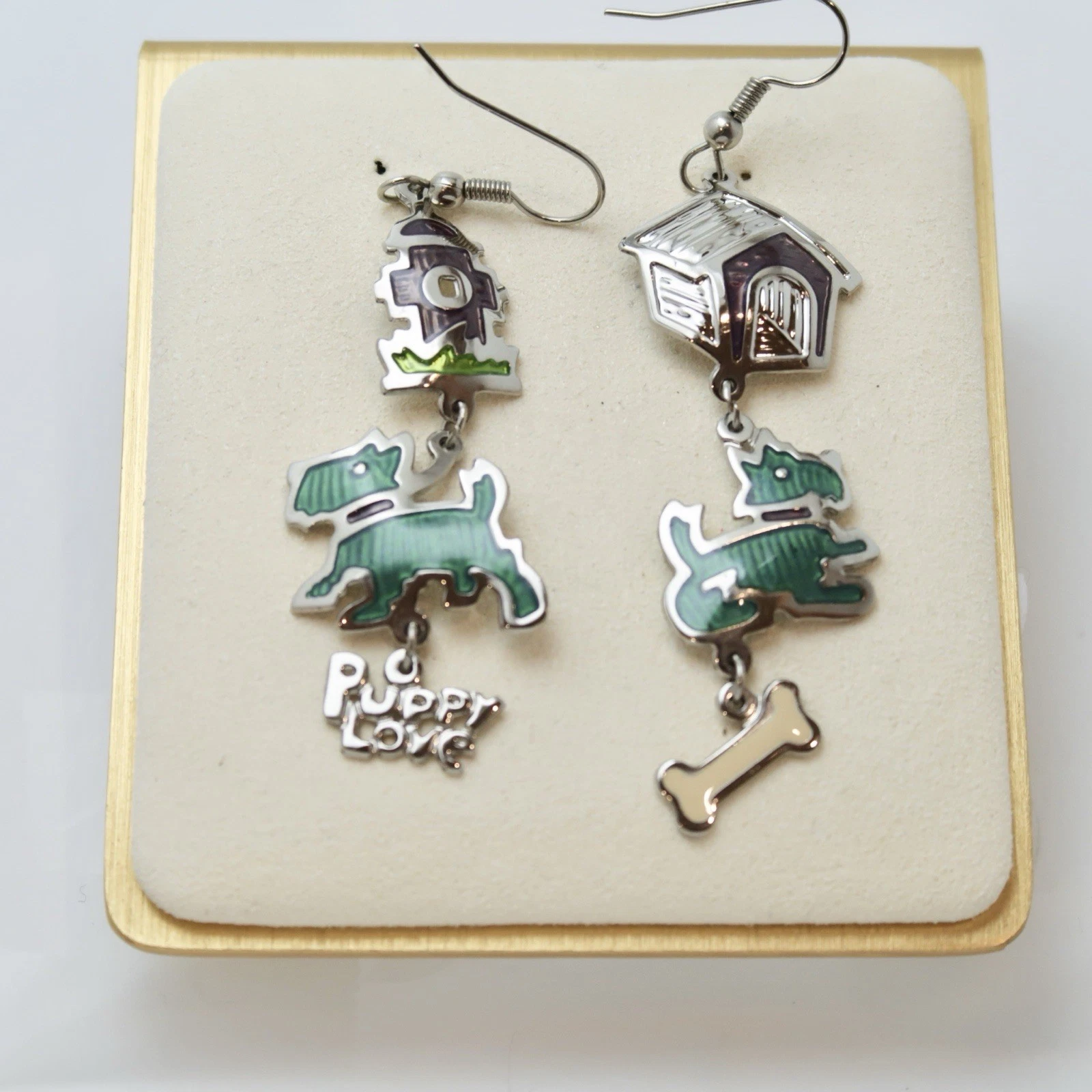 EDGAR BEREBI Dog Enamel Large Dangle Silver Tone Vintage Earring Jewelry E87