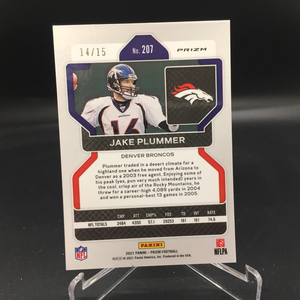Jake Plummer 2021 Panini Prizm No Huddle Pink 207 #/15 Denver Broncos - Image 2 of 2