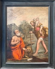 Dipinto antico, olio su tela, San Gerolamo incontra San Cristoforo, XVII secolo