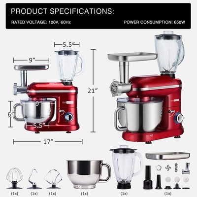 3-in-1 Stand Mixer 6QT Kitchen Food Mixer w/ Meat Grinder Blender Dough Hook