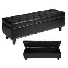 Uimoso Button-Tufted Storage Ottoman Bench PU Leather Bench with Wood Legs Black