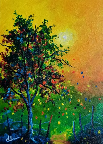 "Yellow Sunset" ACEO Original Acrylic Painting Vintage Nature Art Signed ATC