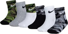 NIKE Baby 6 Pk Camo Theme Ankle Cotton Swoosh Socks Set White Blk Sz 12-24 Month