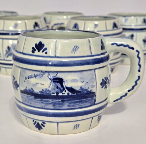6 Vintage Holland Delft Hand Painted Barrel Shaped Coffee Mugs 14oz - Picture 2 of 6