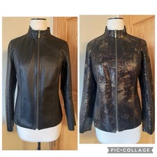 CHICOS Embossed Glossy Leather Snakeskin Black Gold Reversible Zip Jacket 0