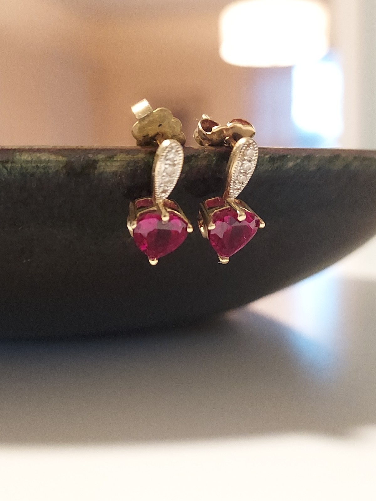 10K Solid Gold Heart Shaped Ruby Post Earrings - image 1