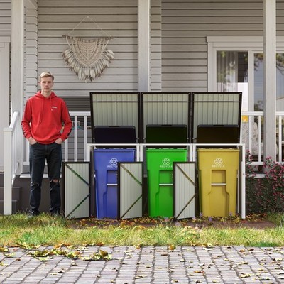 Garbage Bin Shed 3 Trash Cans w/ Pneumatic Support Rod Backyard Garden Bin Shed
