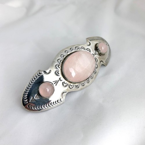 Sterling 925 Silver, Stamped Hair Clip w/ Rose Quartz Cabochons 3.75" x 1.375"