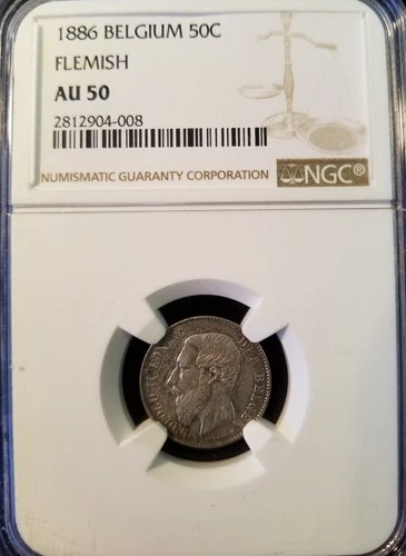 1886 BELGIUM 50 CENTIMES 50C FLEMISH NGC AU 50 KEY DATE RARE COIN HIGH GRADE