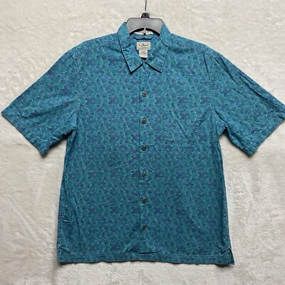 LL Bean Camp Shirt Mens Medium Reg Hawaiian Geometric Button Up Loop Collar Wood