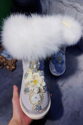 2023 New Fox Hair Snow Boots with Water Diamond Cowhide Thickened Warmth