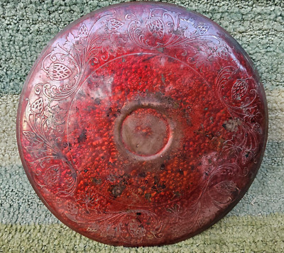 Vintage 12''Red Enamel Over Copper Pedestal Cake Pillar Candle Stand Strawberries