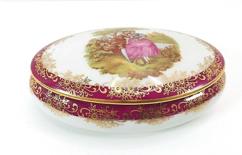 Imperial Limoges Porzellan Goldrand oval Schmuckschatulle Deckel Frankreich umwerbendes Paar - Bild 7 von 7
