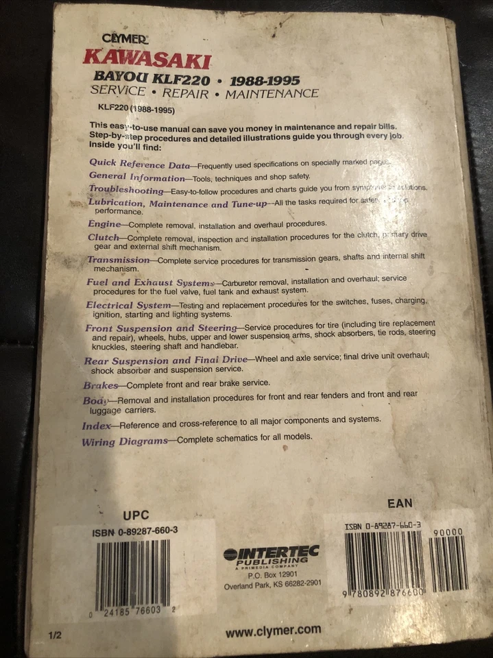Manual de reparación de taller de servicio Clymer M465 Kawasaki Bayou KLF220 1988-1995 Foto 2 de 2