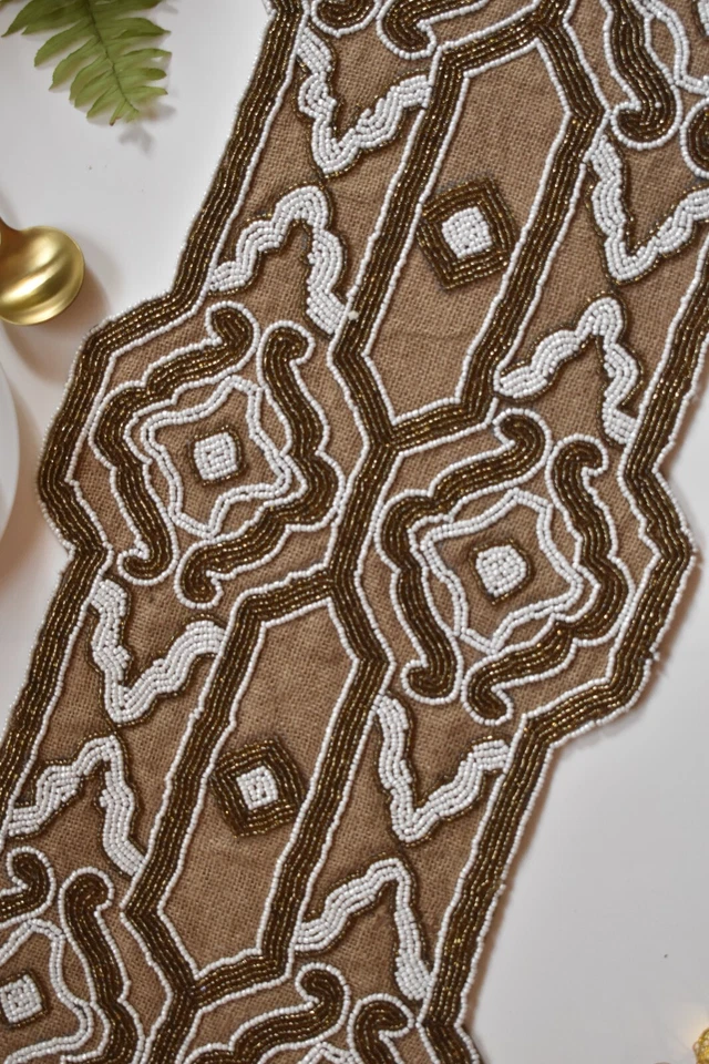 White Copper Beaded Table Runner Burlap Designer Dinning Table Topper 35x13 Inch - Image 3 of 4