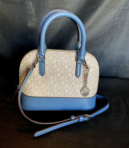 DONNA KARAN DKNY Blue Biege Signature Logo Dome Crossbody Handbag Purse NWT