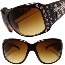 Cross Accent Rhinestone Embellishment Upscale Oversized Brown Square Sunglasses