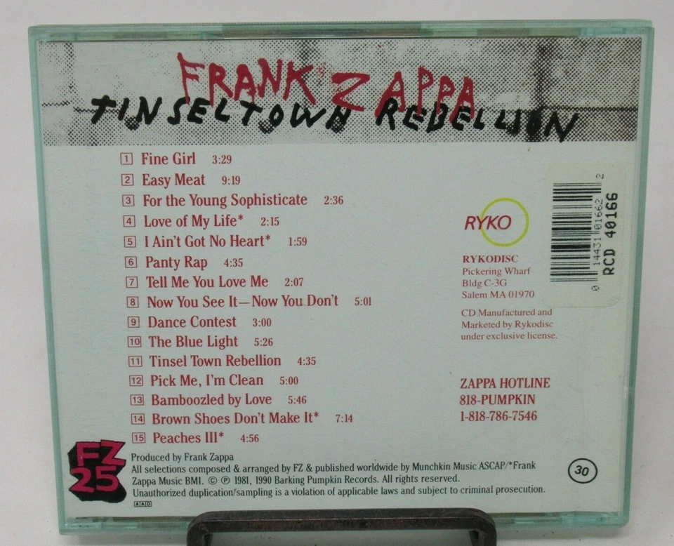 FRANK ZAPPA: TINSEL TOWN REBELLION MUSIC CD, 15 GREAT TRACKS, RYKODISC, BARKING Foto 2 de 2