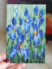 Irises Original Oil Painting 6"x4" Impasto Modern Painting Purple Flowers