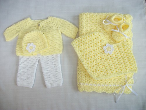 Crochet Baby Set - Blanket Sweater Poncho Pants Hat Booties 0-3m Handmade Gift - Picture 1 of 8