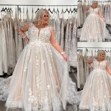 Plus Size Wedding Dresses Champagne Long Sleeve V Neck Lace Applique Sweep Train