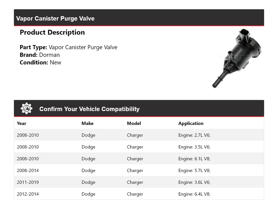 Para 2008-2019 Dodge Charger Dorman Vapor Canister Purge Valve 2009 2010 2011 - Imagem 2 de 4