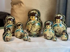Signed 10 Pc Russian Black  Matryoshka Nesting Dolls - Hand-Painted Scenes