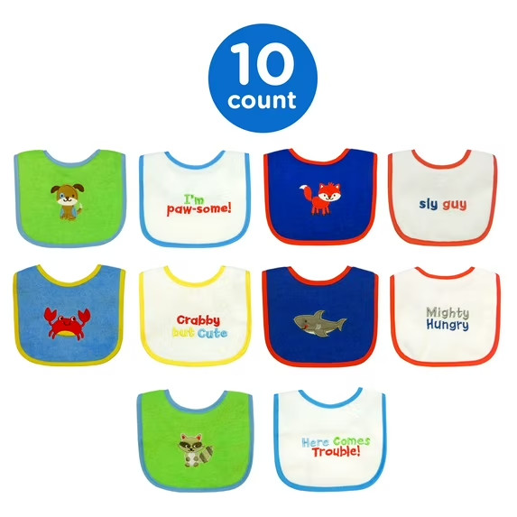 Neat Solutions Baby Bibs 10pk – Cotton/Poly Boys Feeding Bib Set