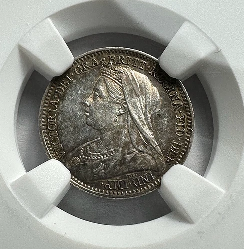 1900 Great Britain Maundy Three Pence 3d NGC AU58 Reverse Tone