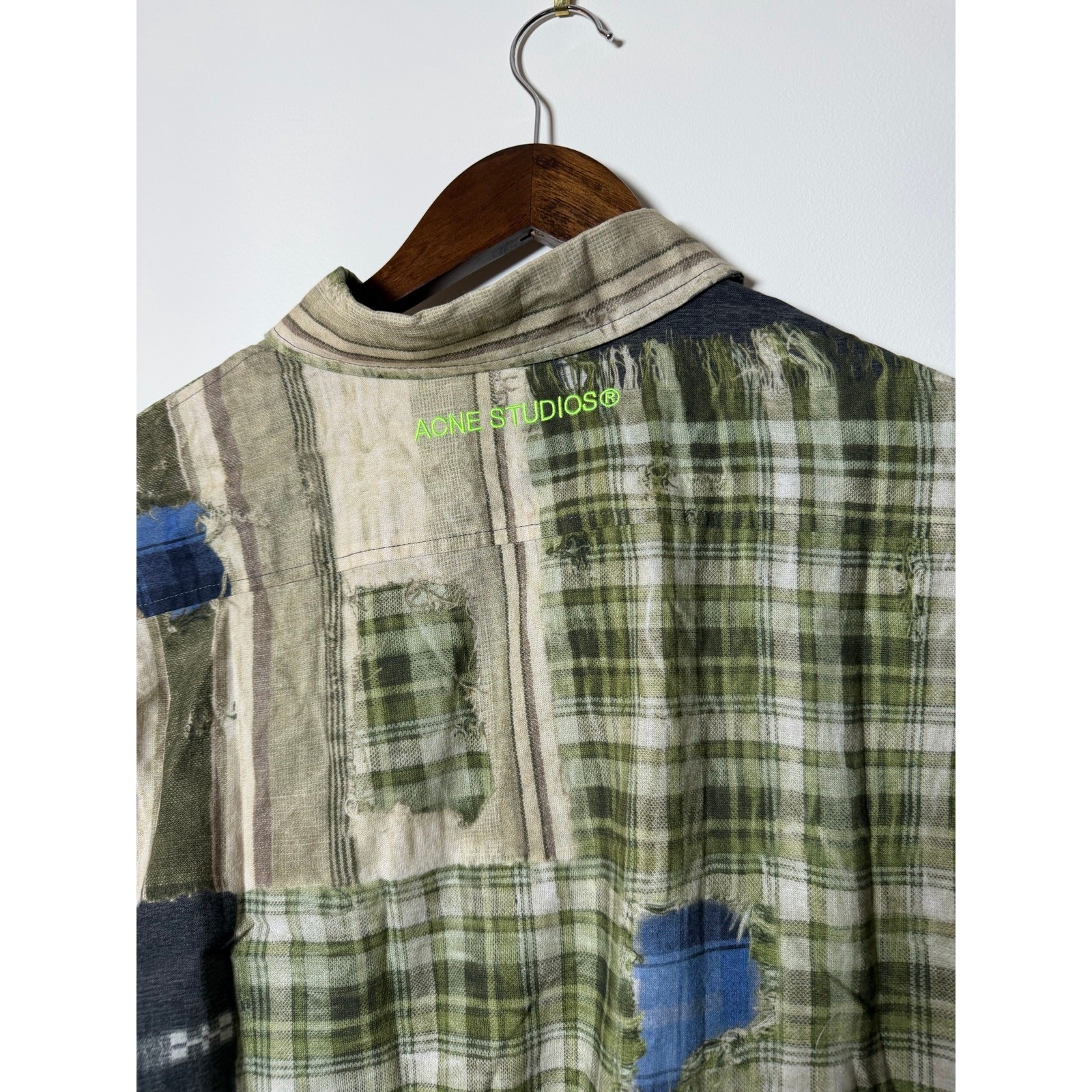 acne studios green multicolor patchwork button up… - image 6