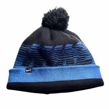 Nike Youth Knit Pom Pom Beanie Hat Blue Black Striped Winter Cap One Size