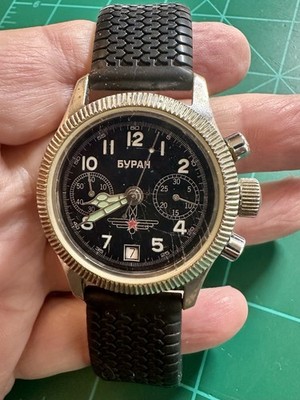 Vintage BURAN POLJOT Chrono AVIATOR Cal. 3133 23J Mechanical 38mm Watch Runs  E9