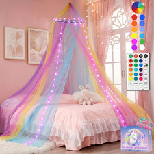 Rainbow Bed Canopy with Star Lights for Girls Bedroom, 24 Colors Canopy Bed Curt