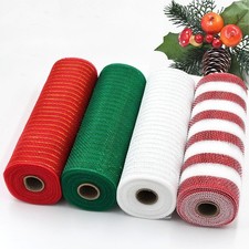 4 Rolls Christmas Mesh Ribbon Deco Red Green White Border Striped 10 Inch