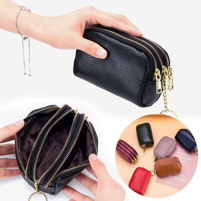 3 Zippered Genuine Leather Coin Purse Triple Capacity Change Pouch With Key Ring