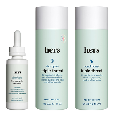 Hers Triple Threat Shampoo, Conditioner, and 2% Minoxidil Set