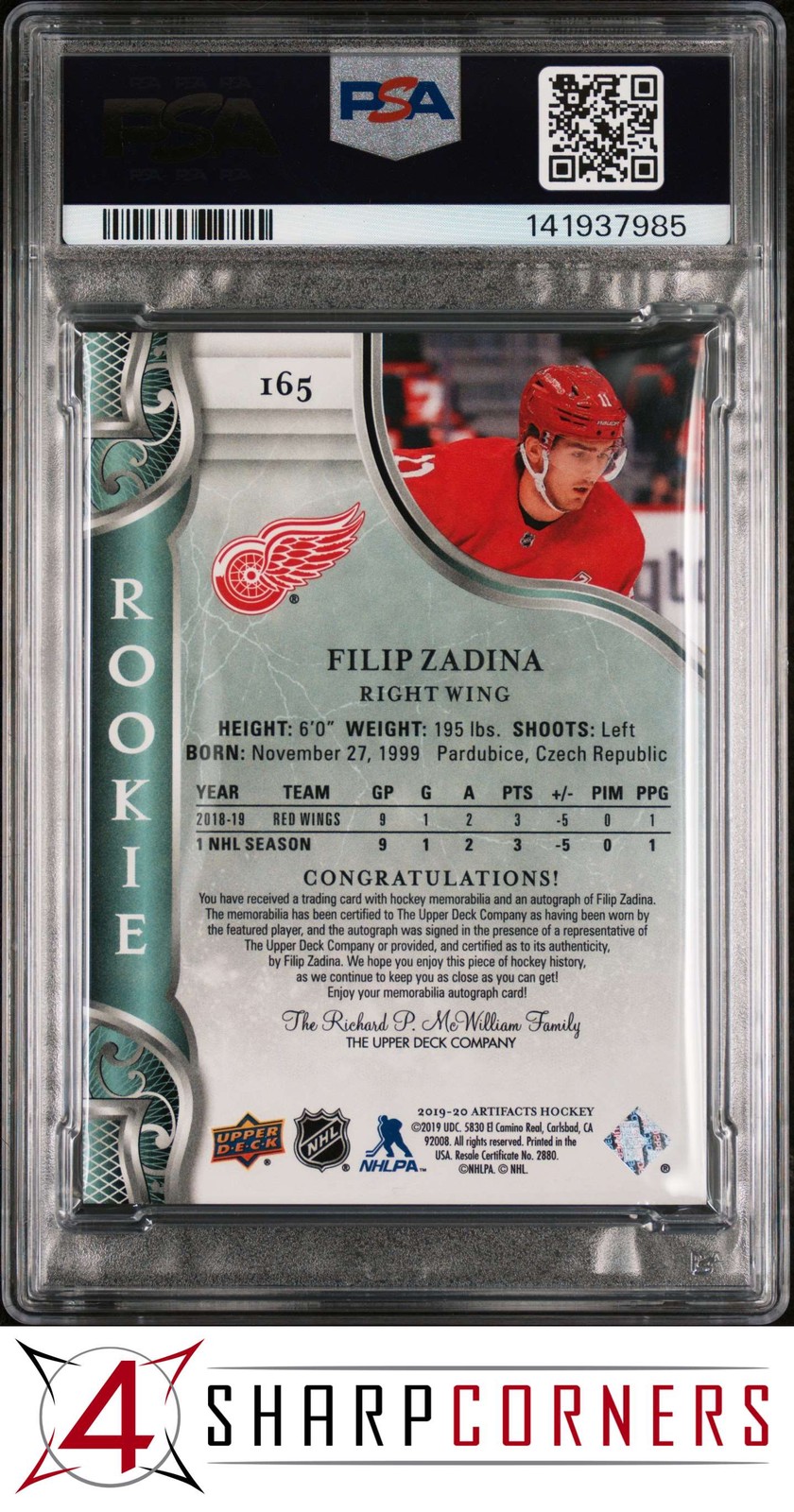 2019 UD ARTIFACTS AUTO MATERIALS EMERALD #165 FILIP ZADINA RC #/45 POP 1 PSA 9 view 2