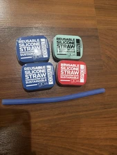 New 4 Gosili Reusable Silicone Straws COBALT, MINT,SPICE Travel Size Compact Tin