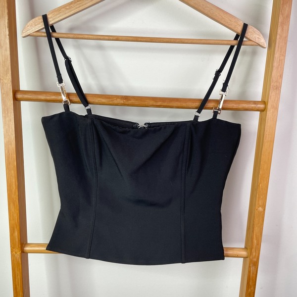White Fox Tank Top Womens Small Black Corset Square Neck Cropped Sleeveless