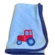 Carter's Child of Mine Baby Blanket Blue Fleece Red Farm Tractor Squeaks Soft
