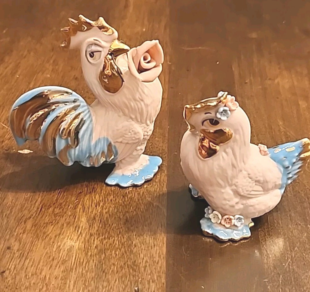 Walker Hagen Renaker Pink Gold Bisque Rooster Rose Figurine Hen