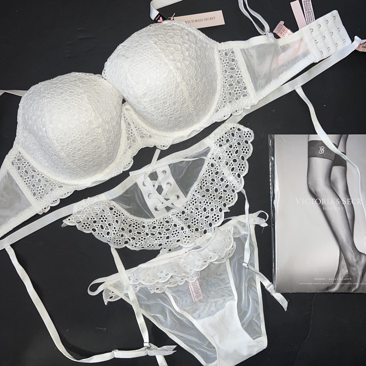 Victoria's Secret 32DDD,34DDD BRA SET+apron garter+panty WHITE