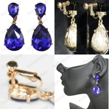 CLIP ON EARRINGS vintage teardrop INDIGO&GOLD CRYSTAL DROP blue glass rhinestone