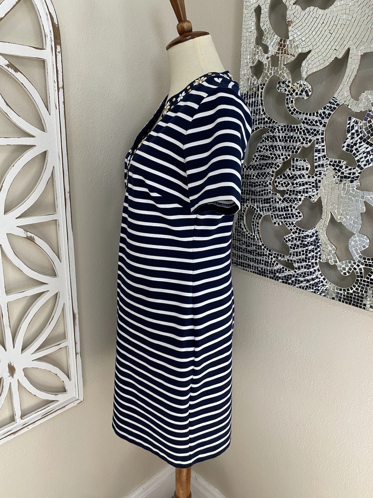 ABITO TUBINO MICHAEL KORS piccolo NAVY BIANCO RIGHE FLOREALE COLLO BORCHIE MANICA CORTA