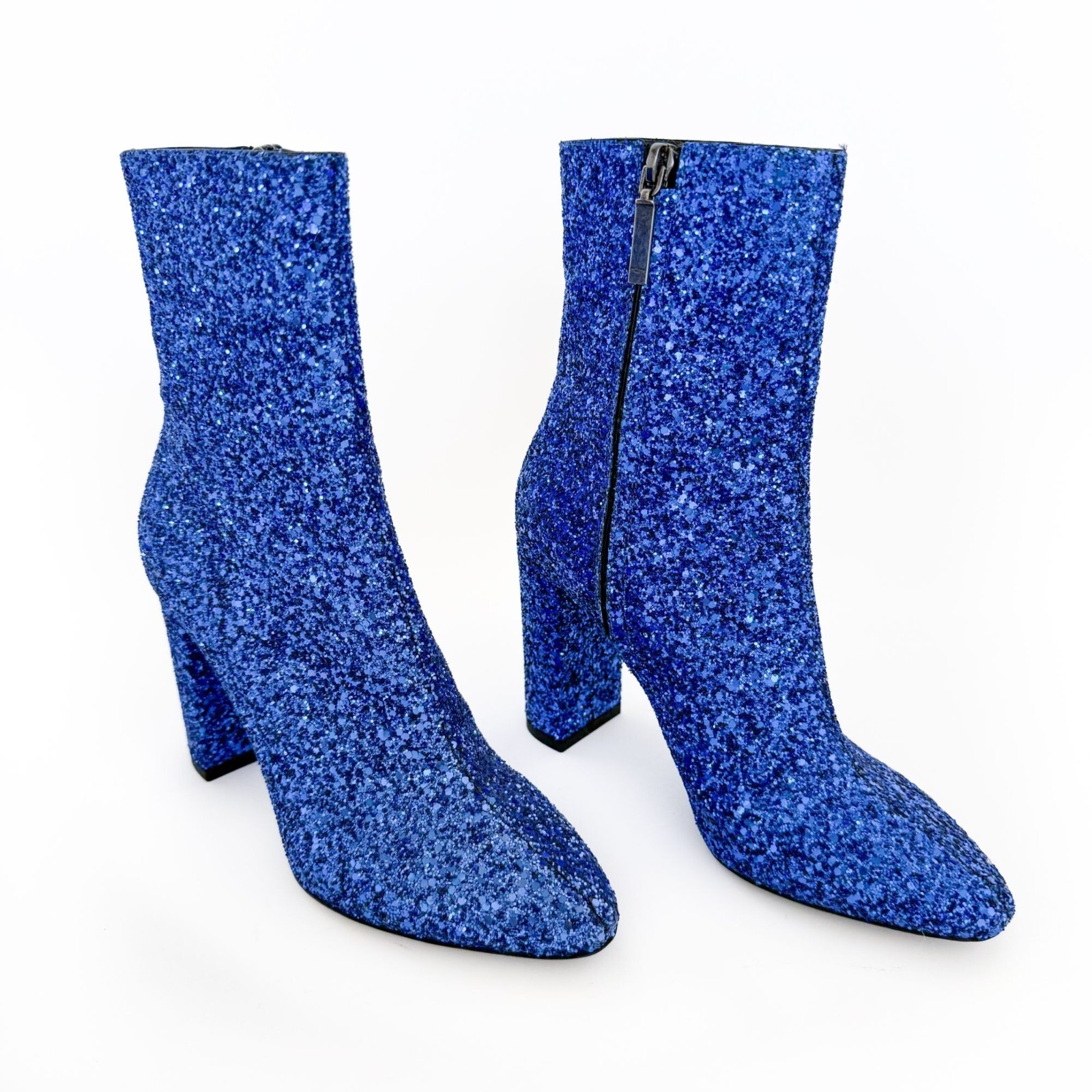 Stivaletti Saint Laurent Lou 95 EU 37 5 US 7 5 blu glitter tacco alto blocco YSL