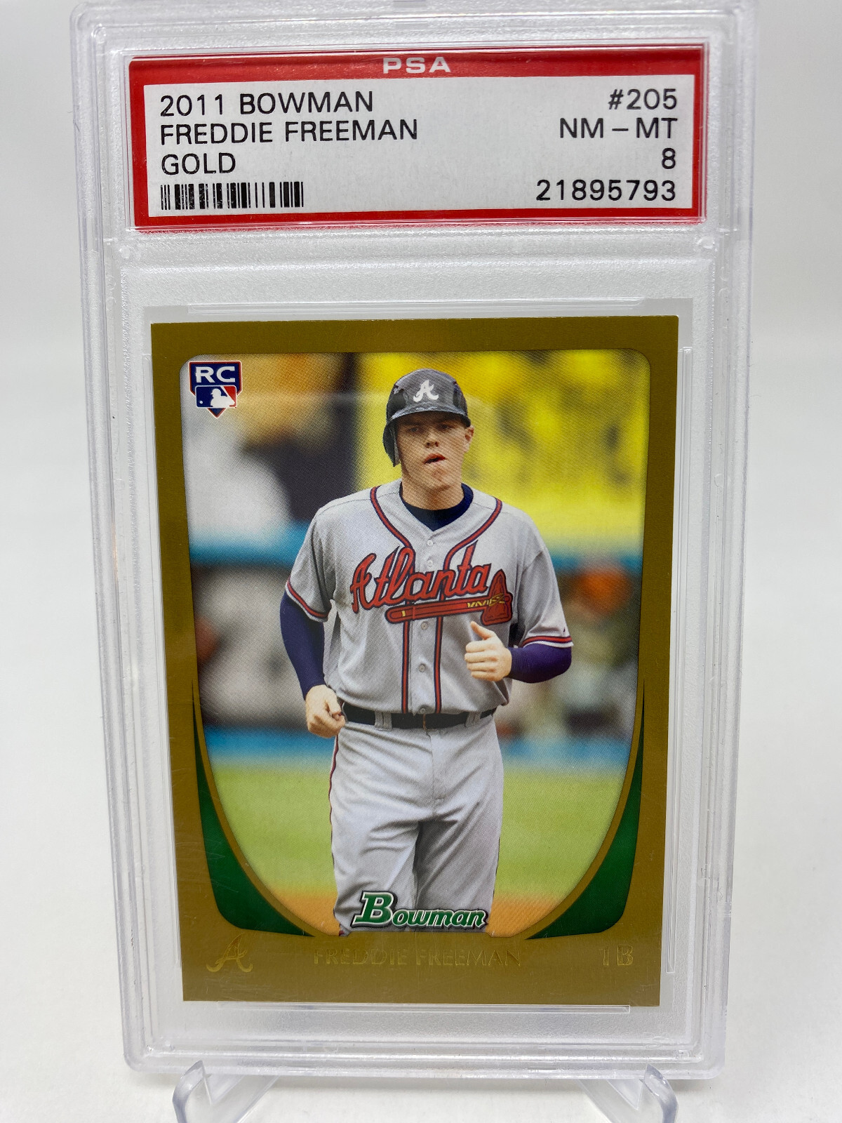 2011 Bowman #205 Freddie Freeman Gold PSA 8 Rookie Card RC view 5